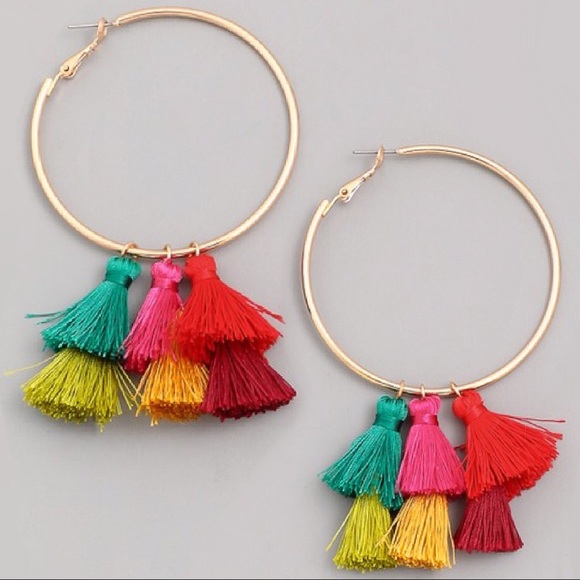 NEW! Vibrant Multicolor Tassel Hoop Earrings - Picture 2 of 3